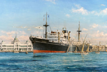 Front of card - Chindwara at Port Said, painting by Robert Lloyd