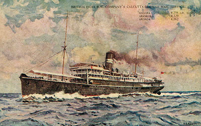 Angora-class ship pictured on an old postcard. Angora, built for the company's premier Calcutta-Burma mail service was the fastest of the A class and was in service from 1911 to 1937 (although was laid up for the last five years) 