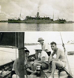 Egra (BI 1911-1950) with (below) members of the ship's company, unidentified apart from Josiah Dewis, far right, in the Maldives, July 1942 
